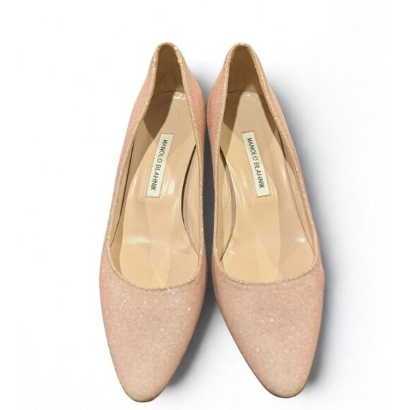 Manolo Blahnik Shoes - Manolo Blahnik “Okkato” Glitter Block-Heel Pumps — Champagne Pink, Size 9.5